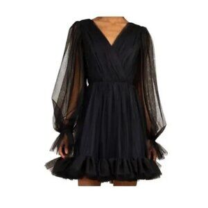 Trina Turk Moonstruck Blue Balloon Long Sleeve Tulle Mini Dress